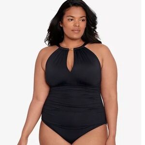 Lauren Ralph Lauren Plus Size Black Ruched‎ Halter One Piece Swimsuit 18W